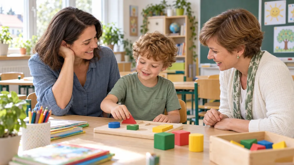 Předškolák s maminkou při přátelském seznámení s učitelkou v první třídě