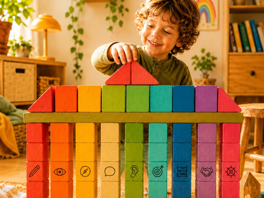 Dítě staví barevné pilíře školní připravenosti z kostek