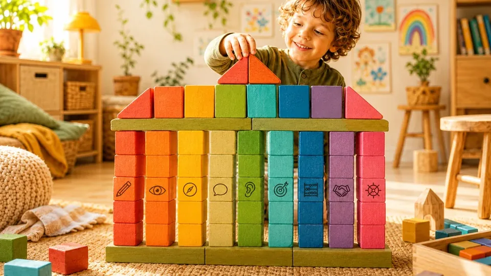 Dítě staví z kostek dům s devíti barevnými pilíři